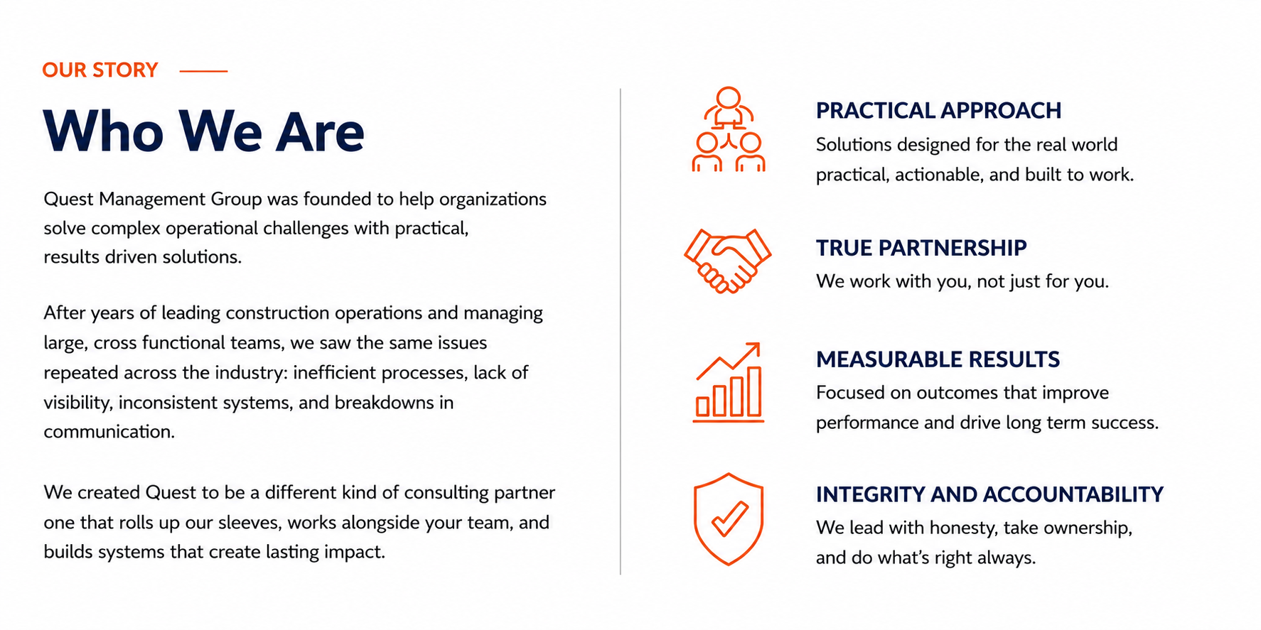 A company overview page with sections labeled 'Our Story' and icons with descriptions for 'Practical Approach,' 'True Partnership,' 'Measurable Results,' and 'Integrity and Accountability.'