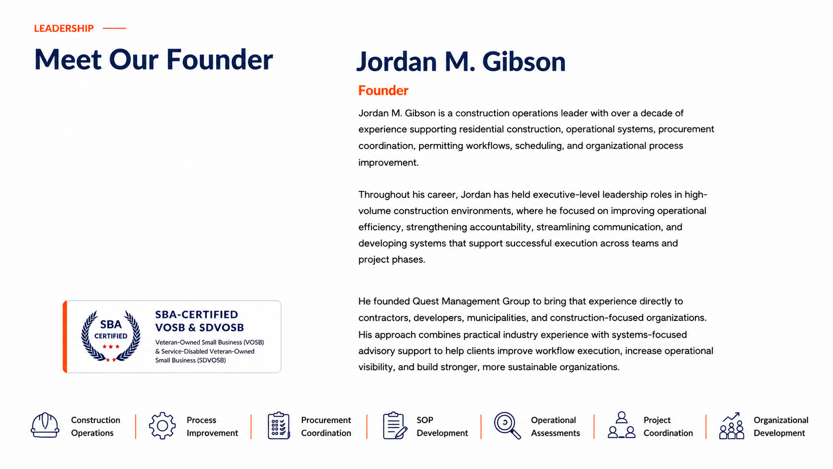 A professional biography page introducing Jordan M. Gibson as the founder of a construction management company. The page includes a photo placeholder, a logo indicating SBA certification for small business and veteran-owned status, and icons representing construction operations, process improvement, procurement coordination, SOP development, operational assessments, project coordination, and organizational development.