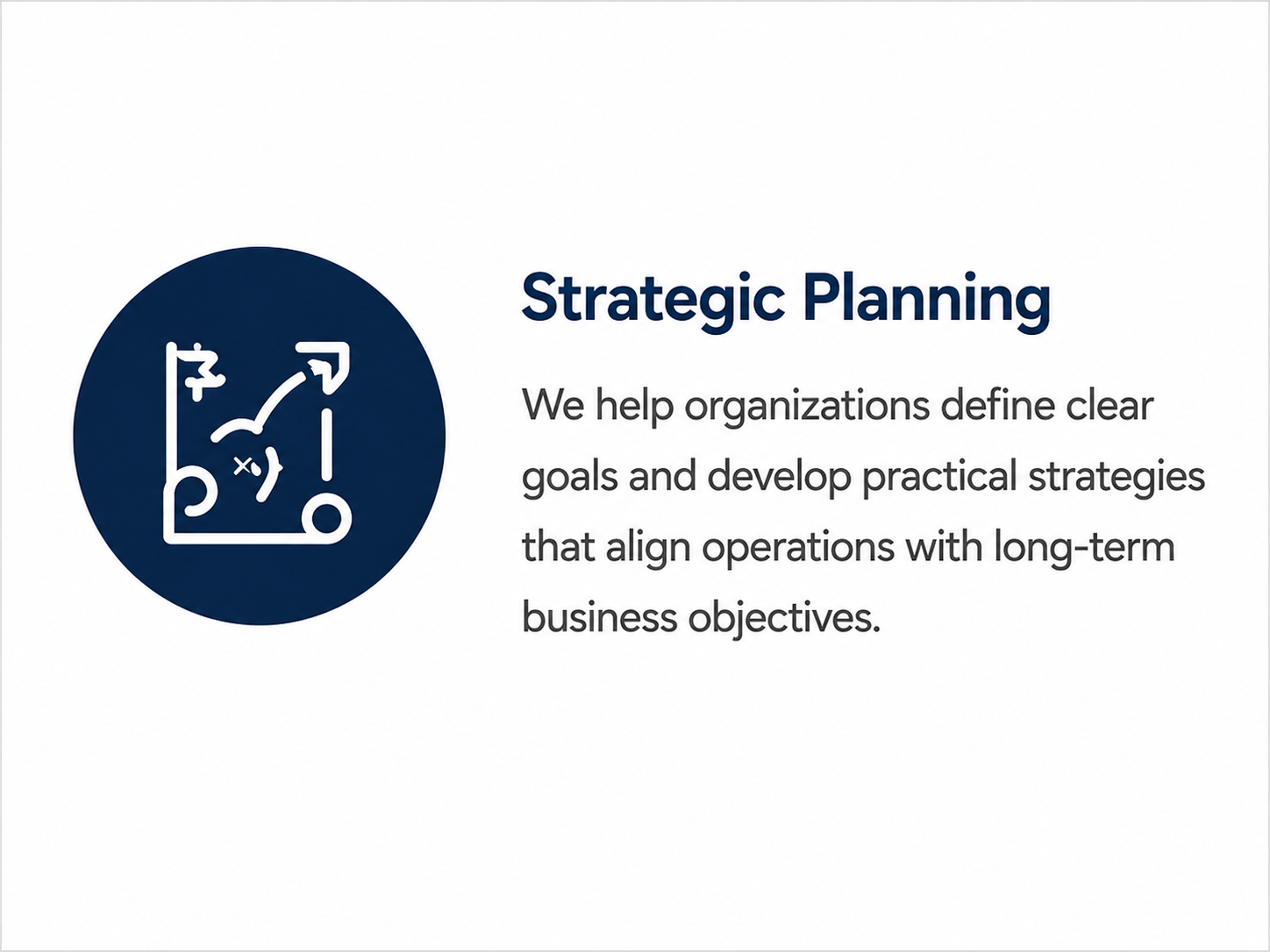 Icon of a strategy plan with directional arrows and game pieces, next to text about strategic planning and helping organizations set goals and develop strategies.