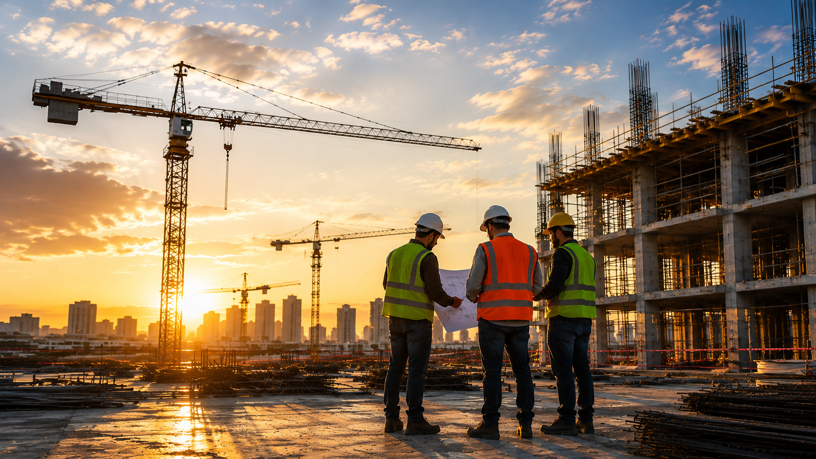 Construction site with three workers in safety vests and helmets reviewing plans during sunset, with cranes and partially built structures in the background.