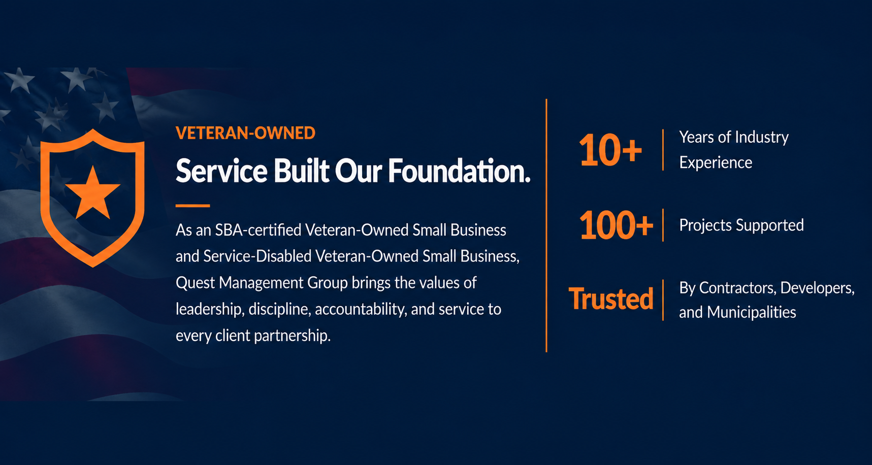 Graphic showing veteran-owned small business service with a shield and star logo, American flag background, highlighting over 10 years of industry experience, supporting over 100 projects, and trusted by contractors, developers, and municipalities.