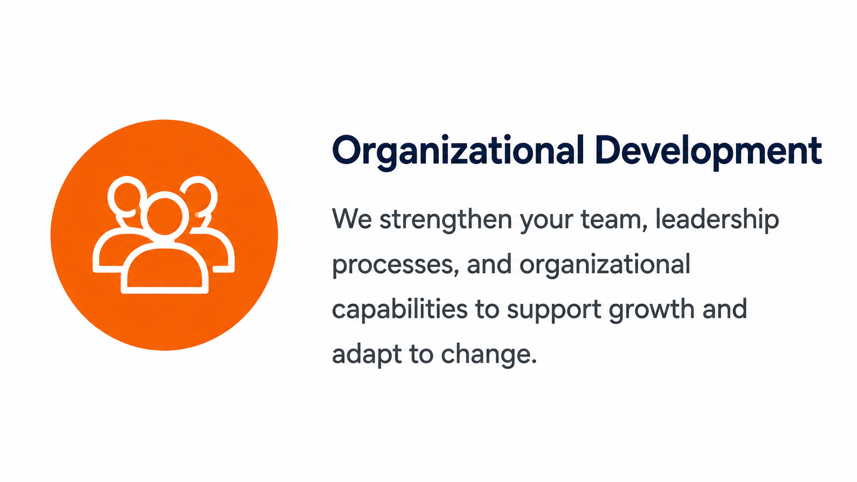 Icon of a group of people inside an orange circle, with text about organizational development focused on team strength, leadership processes, and organizational growth.