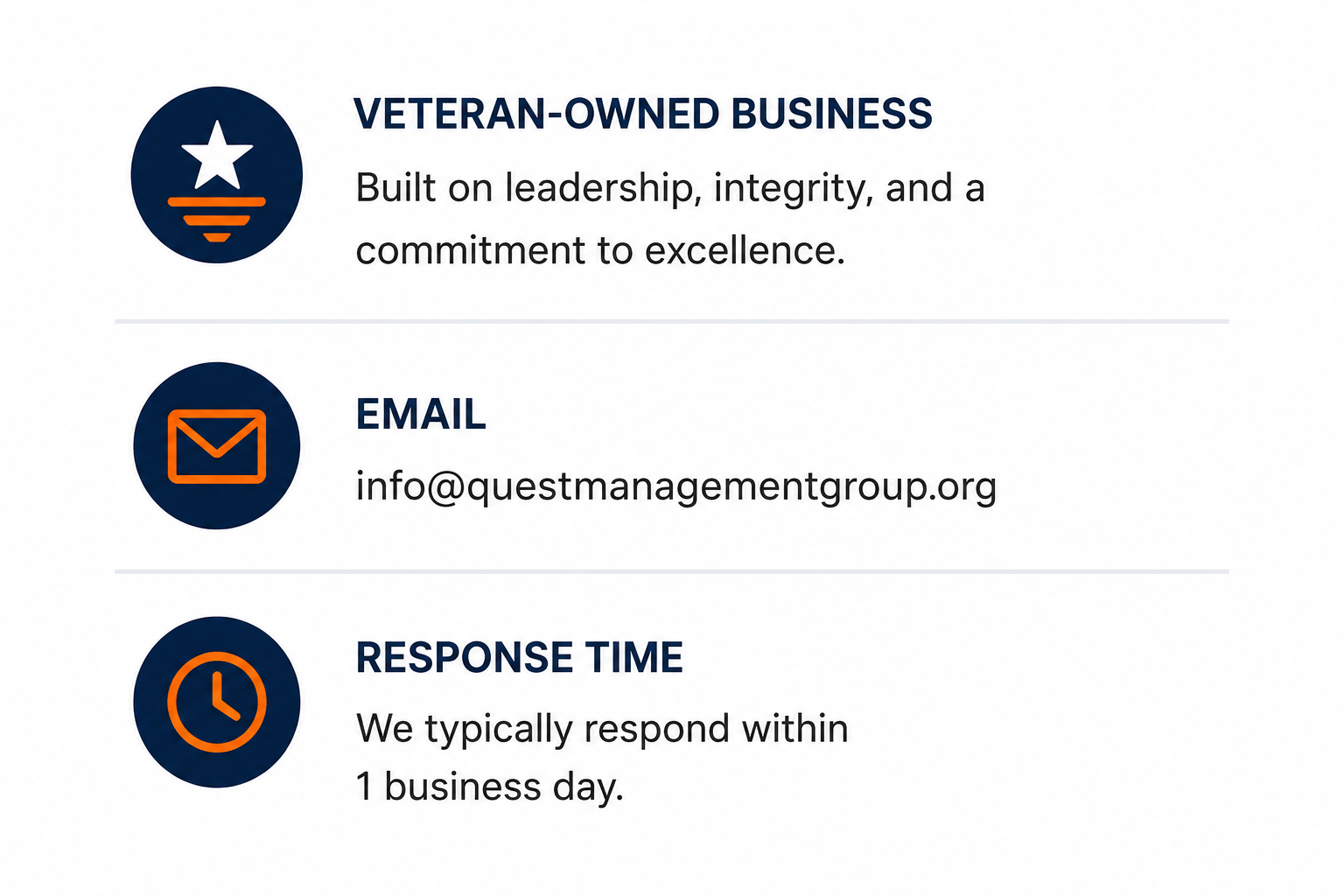 Information about a veteran-owned business, including their email address and response time, with icons representing each section.