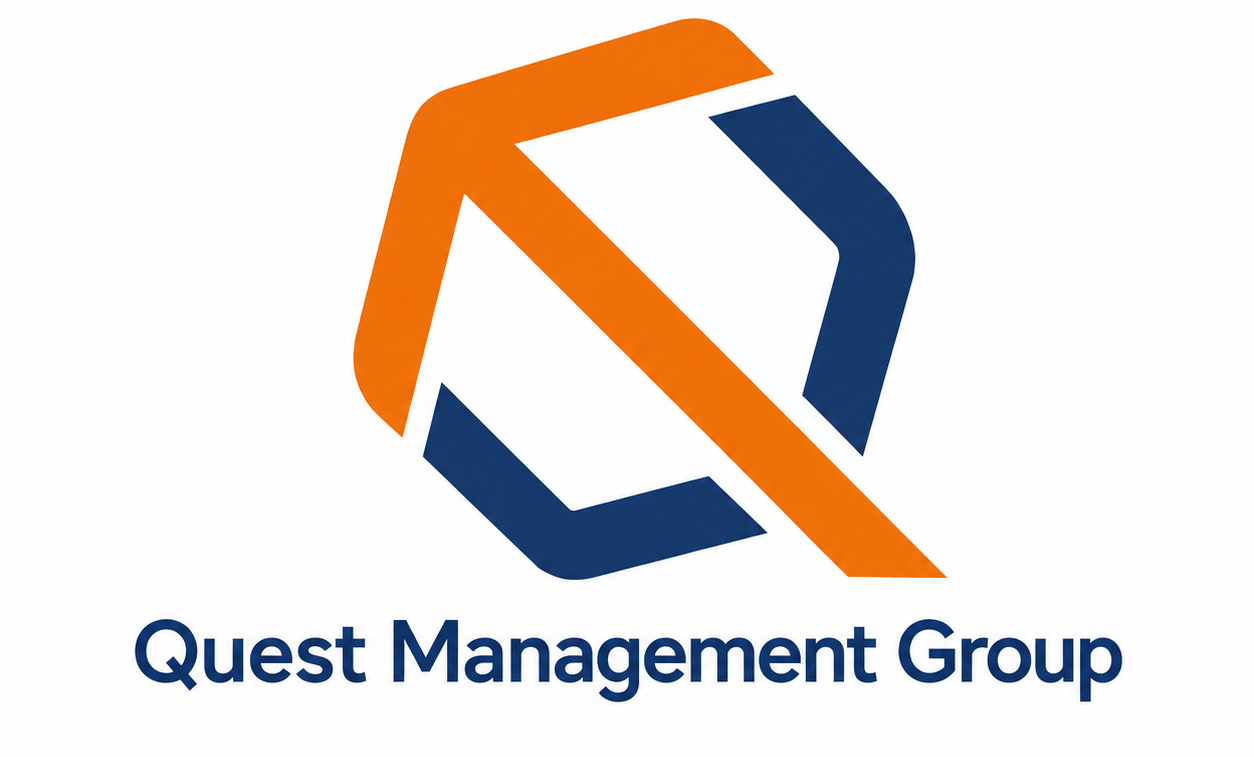 Logo of Quest Management Group with geometric hexagon shape in orange and navy blue and the company name below.