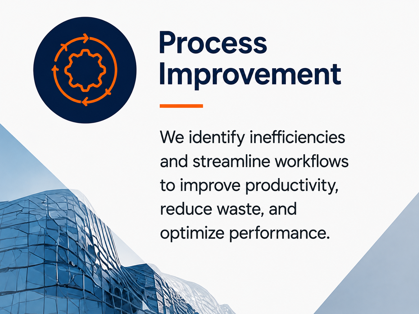 Graphic with a globe and modern building, text about process improvement, efficiency, workflow, and performance enhancement.