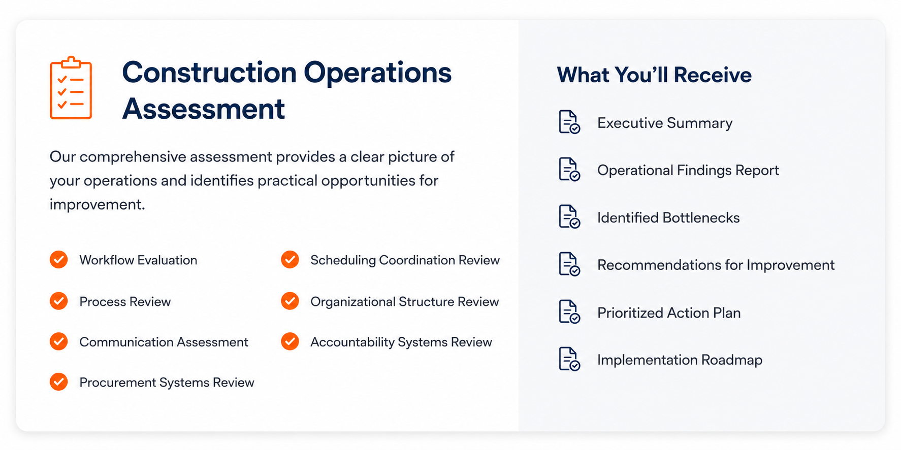 A presentation slide titled 'Construction Operations Assessment' explaining a comprehensive review process for operations and what will be received, including reports and plans.