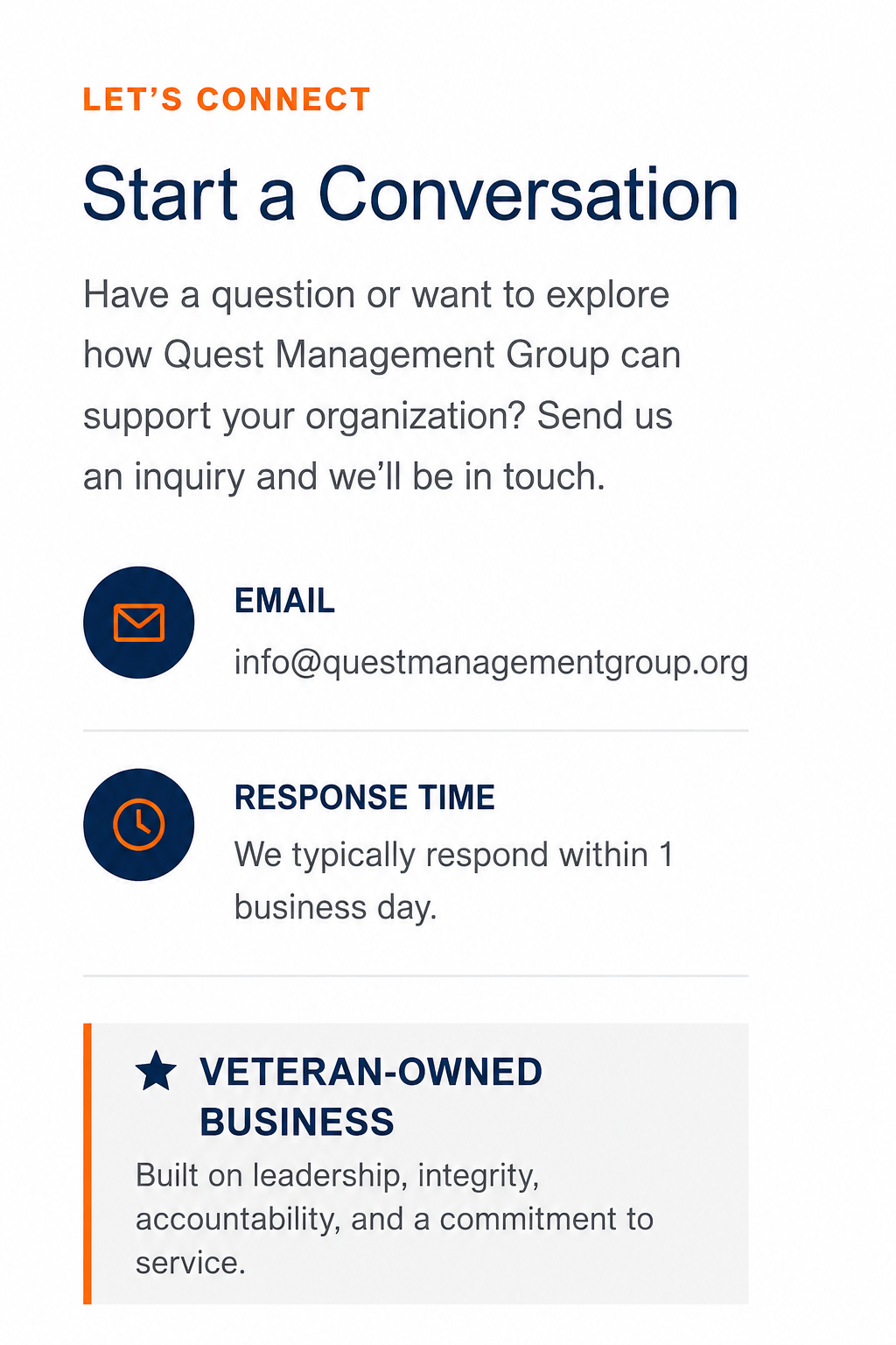 A promotional informational graphic inviting contact with Quest Management Group. It features the headline 'Start a Conversation,' information about emailing info@questmanagementgroup.org, response time within one business day, and highlights being a veteran-owned business committed to leadership, integrity, accountability, and service.