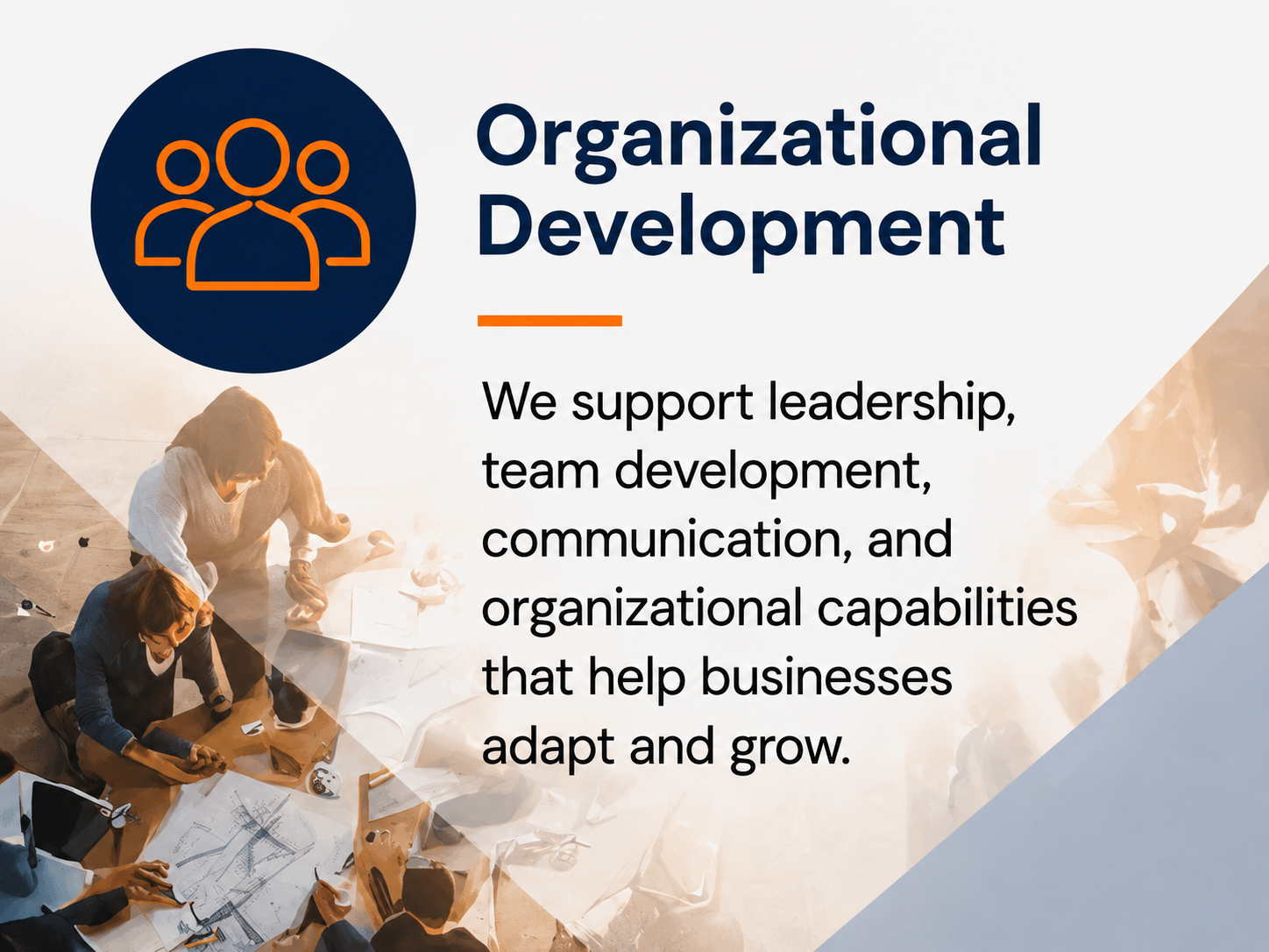 A promotional slide for organizational development featuring an icon of three human figures and a description about leadership, team development, communication, and organizational capabilities, with a background image of a team meeting around a table.