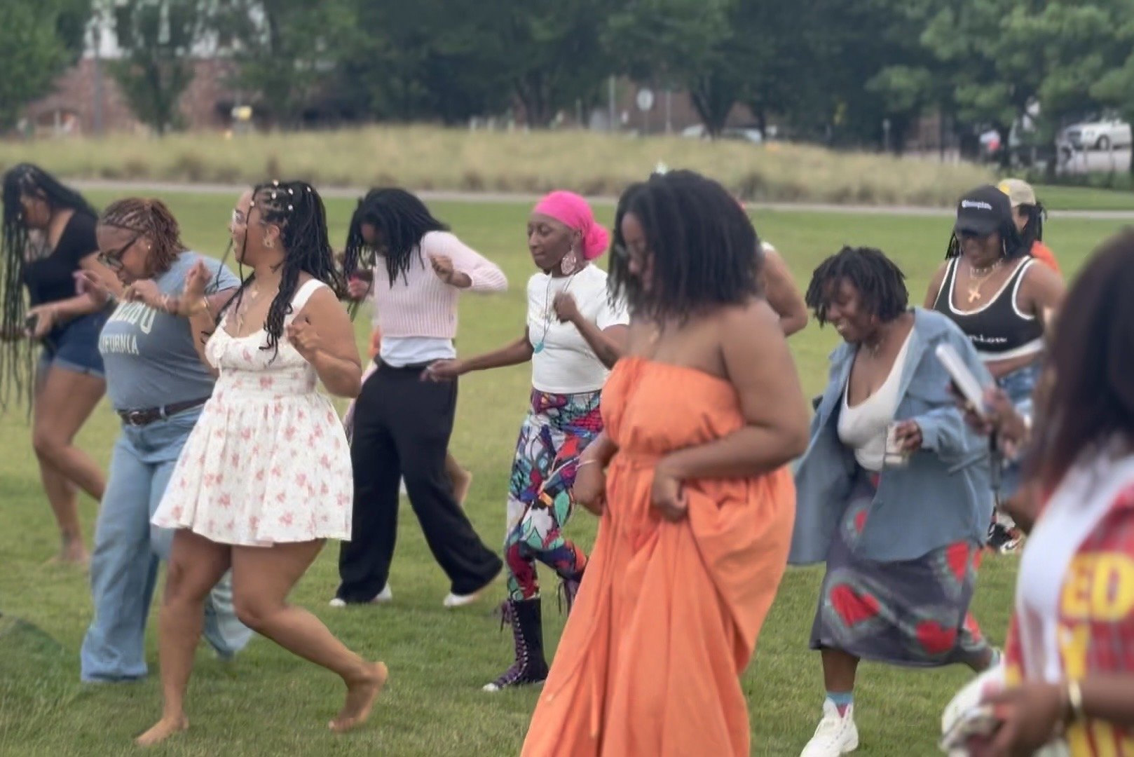 A group of women with various hairstyles and clothing, dancing and enjoying themselves in a grassy park on a cloudy day.