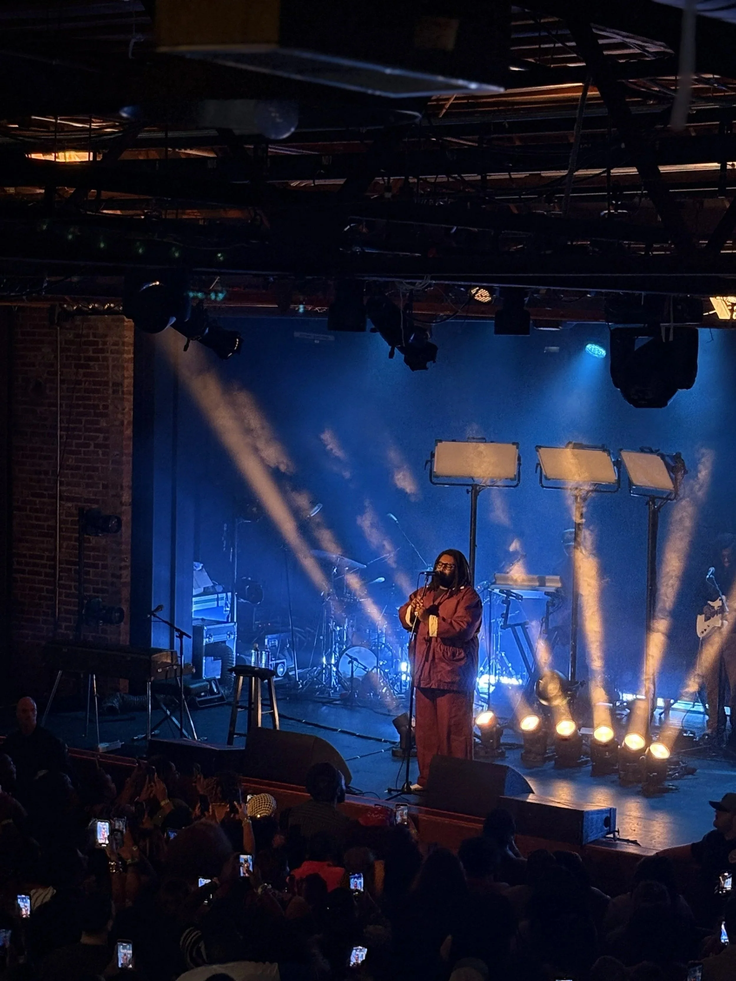 Elmiene, R&B artist, standing on stage with a microphone, holding a small instrument, performing at a concert with blue and yellow stage lighting, crowd taking photos, stage equipment, and musical instruments visible.
