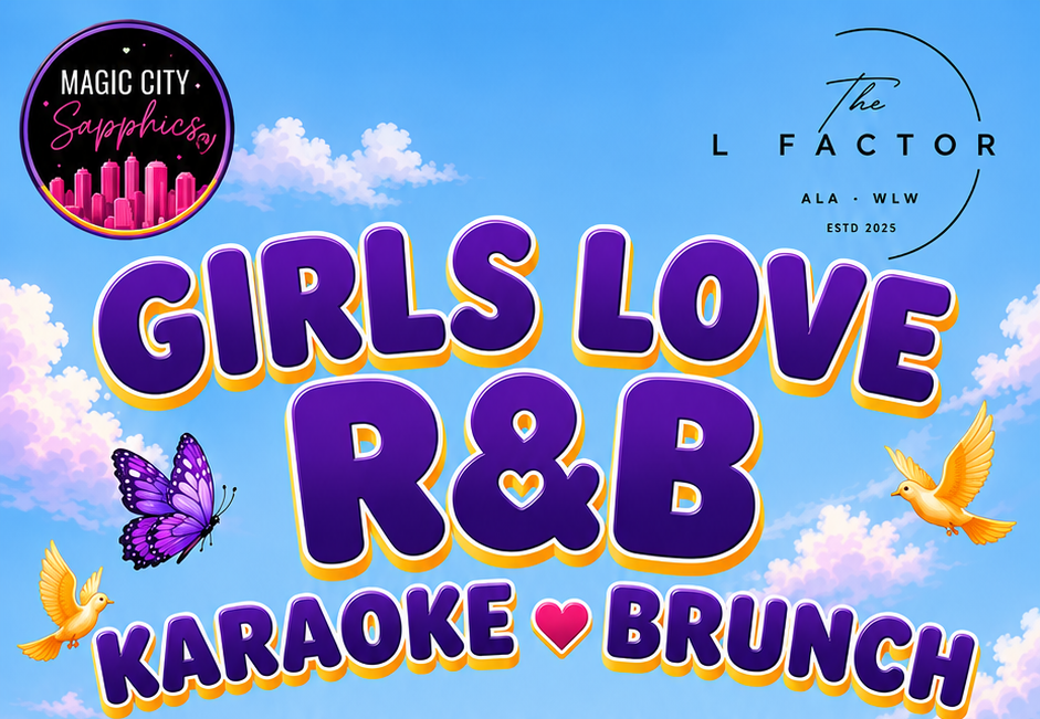 Colorful event poster for 'Girls Love R&B Karaoke & Brunch' with a blue sky background, clouds, purple and yellow text, butterflies, and birds.
