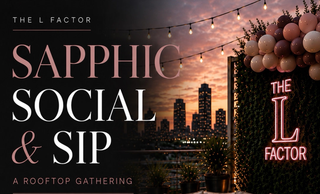 A rooftop gathering at sunset with city skyline in the background. The scene features string lights, balloons, and a neon sign that reads 'The L Factor,' along with potted plants and decorative lighting.