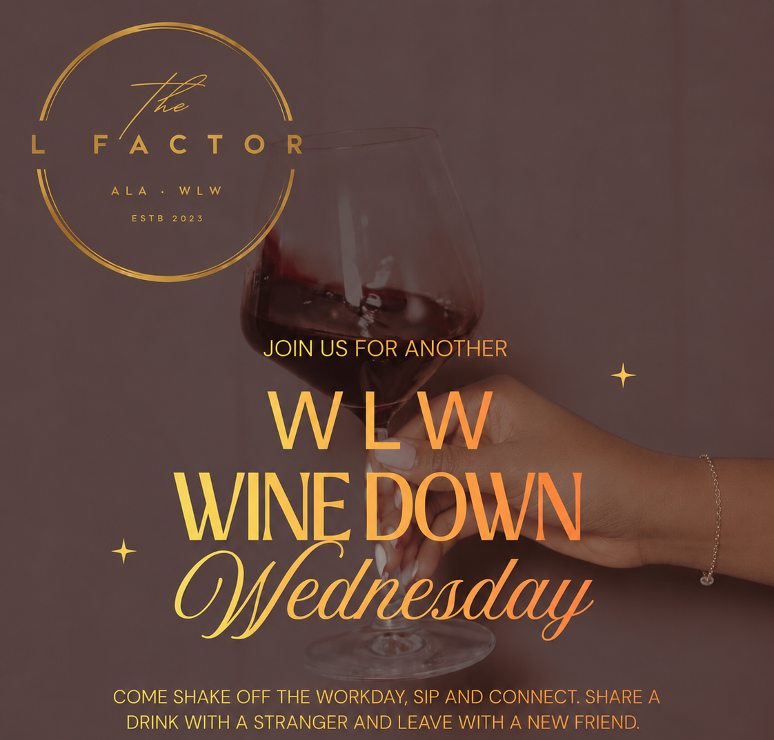A promotional poster for WLW Wine Down Wednesday event featuring a hand holding a glass of red wine