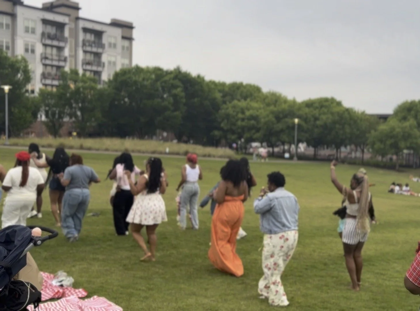 Group of diverse women dancing and enjoying outdoor gathering in a park on a cloudy day.
