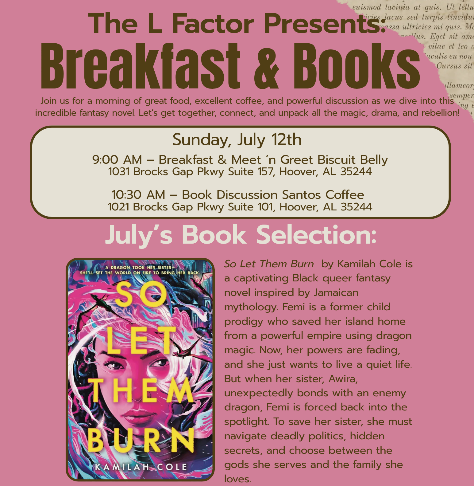 Pink poster advertising an event called 'Breakfast & Books' organized by The L Factor Presents. It includes details about a book discussion and meet-and-greet, with a specific book cover image for 'So Let Them Burn' by Kamilah Cole and a brief description of the book.