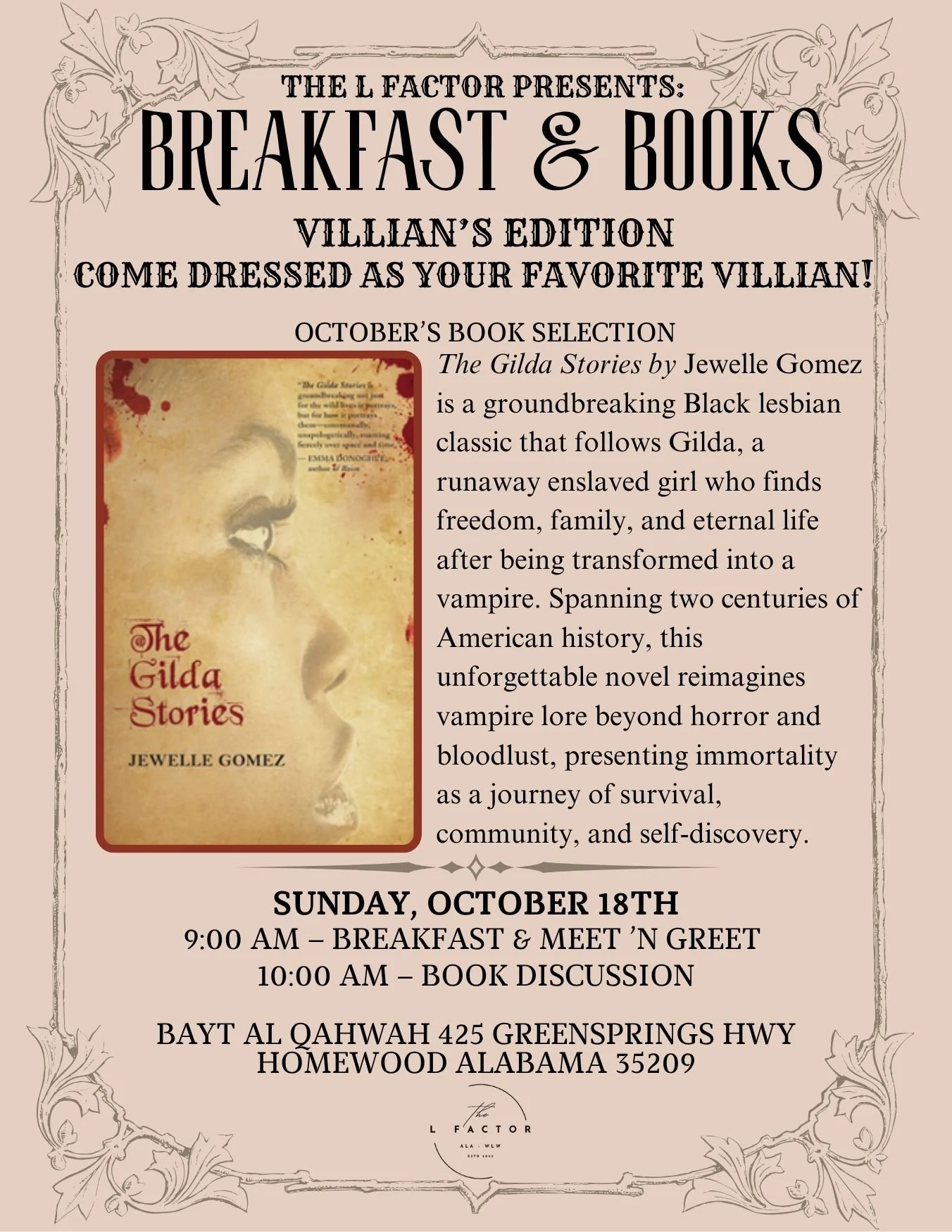 October Lesbian Book Club. Birmingham, AL by The L Factor. Sapphics. Magic City.