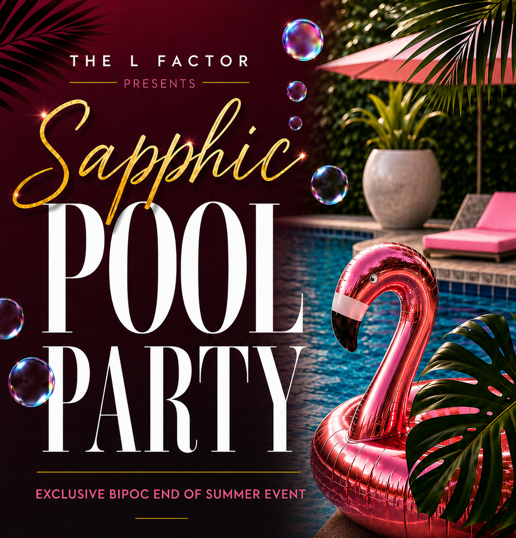 Invitation for a Sapphire Pool Party featuring a poolside scene with a pink flamingo pool float, waving palm leaves, a pink lounge chair, and floating bubbles, announcing an exclusive BIPOC end of summer event.