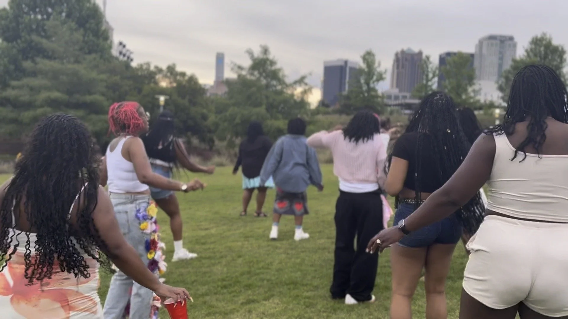A group of people, mostly women and children, gathered outdoors in a park with a city skyline in the background, participating in a social event or dance.
