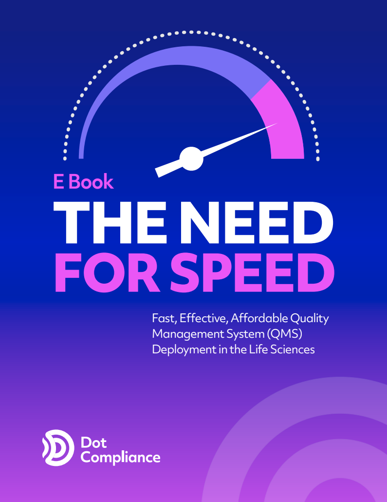 Cover of a book titled 'The Need for Speed,' with a gauge graphic pointing to the right, in shades of purple and pink, with additional text about quality management systems in life sciences.