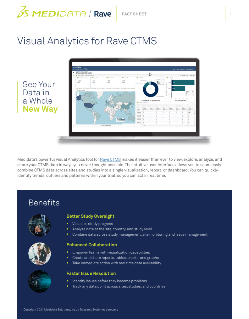 Screenshot of a data analysis software dashboard displayed on a laptop, with graphs, maps, and charts, on a white background pivoted from an informational sheet about Medidata's visual analytics tool for Rave CTMS.