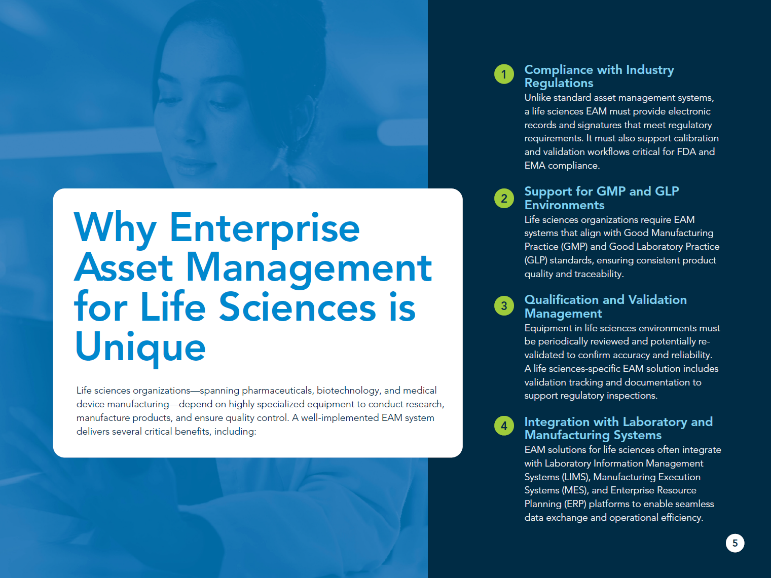 A digital infographic titled "Why Enterprise Asset Management for Life Sciences is Unique" with a photo of a woman in the background and four numbered sections highlighting key points about asset management in the life sciences industry.