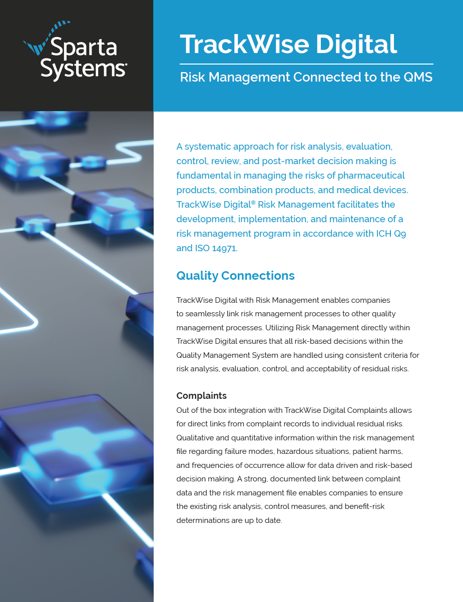 Brochure for Spartan Systems' TrackWise Digital Risk Management software, featuring a blue and black design with technology graphics on the left and detailed text on the right.