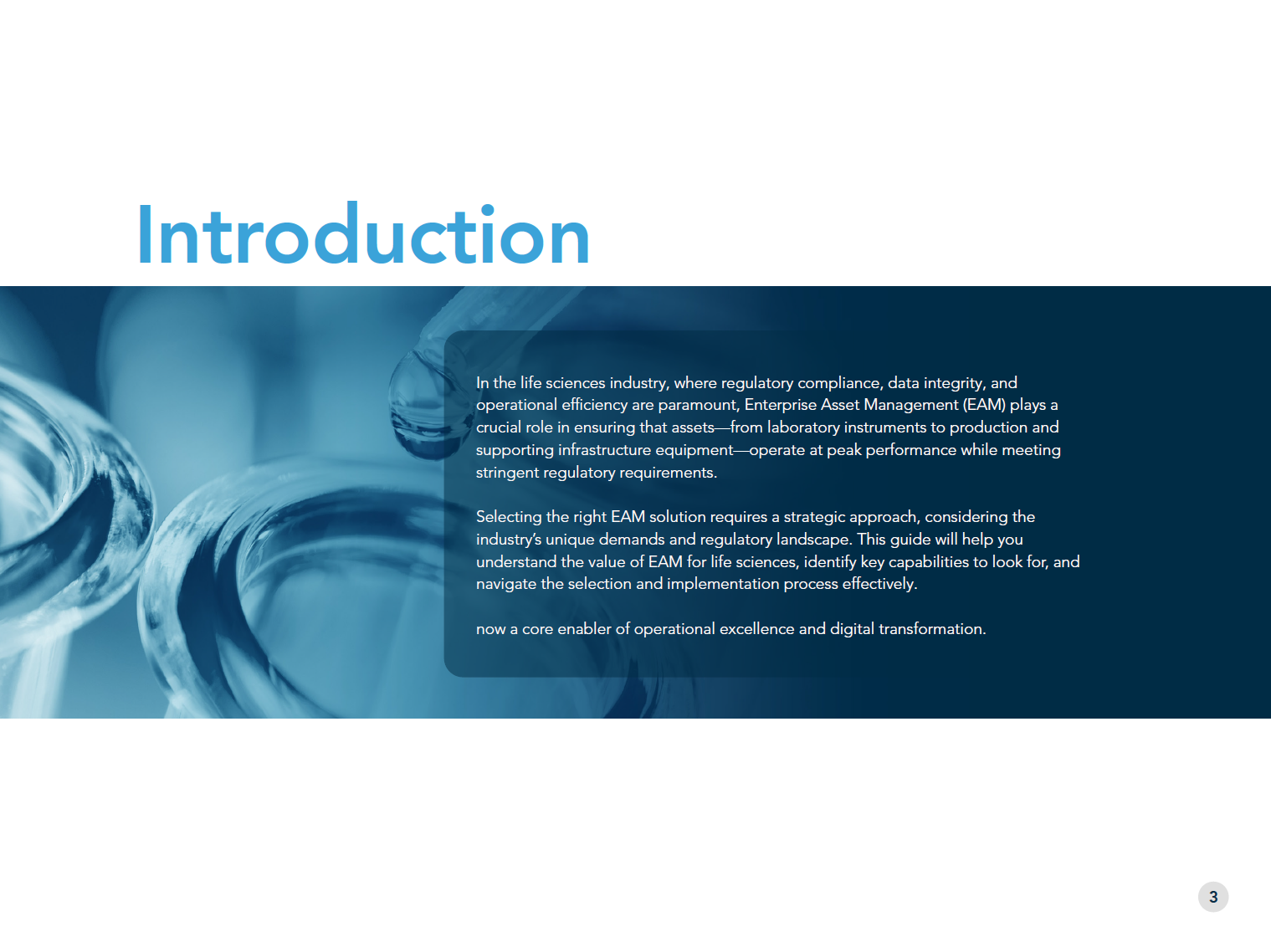 Slide titled 'Introduction' with a background of laboratory glassware and text about enterprise asset management in the life sciences industry.