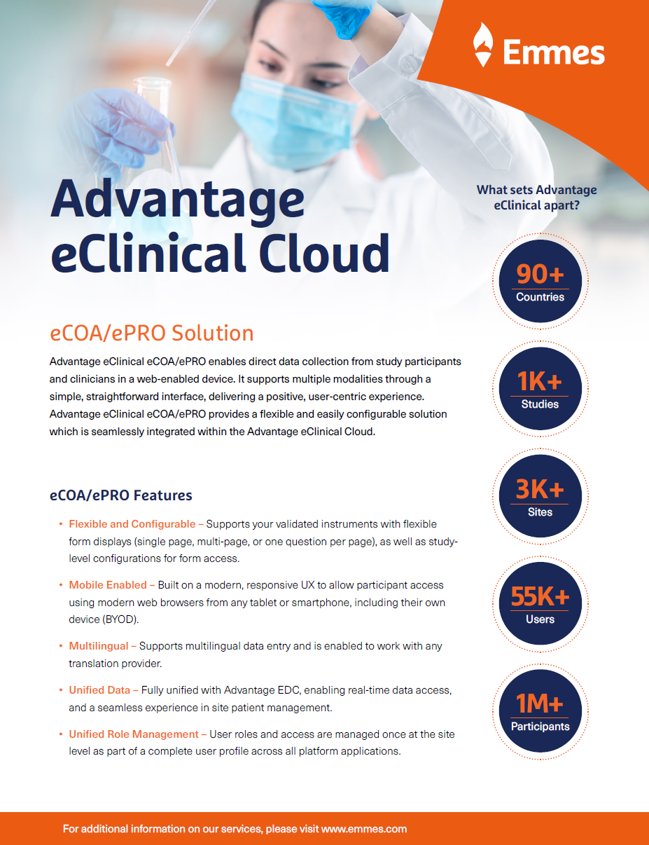 A healthcare professional in PPE holding a test tube, promoting Advantage eClinical Cloud software by Emmes, with informational highlights about its features and global usage.