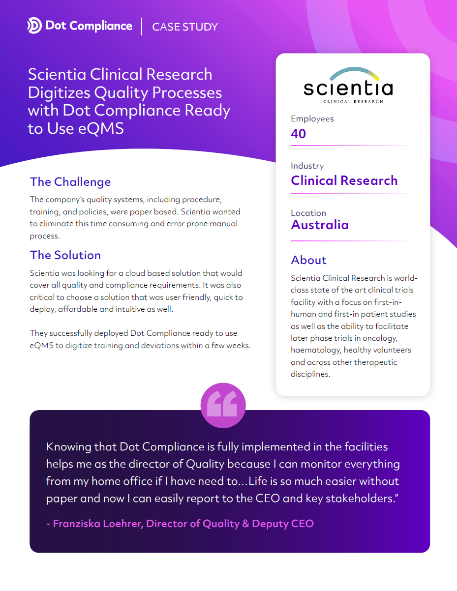 Case study presentation slide for Dot Compliance with purple and blue gradient background. Highlights Scientia Clinical Research's digital quality process with Dot Compliance, including company details and a testimonial from Franziska Loehrer, Director of Quality.
