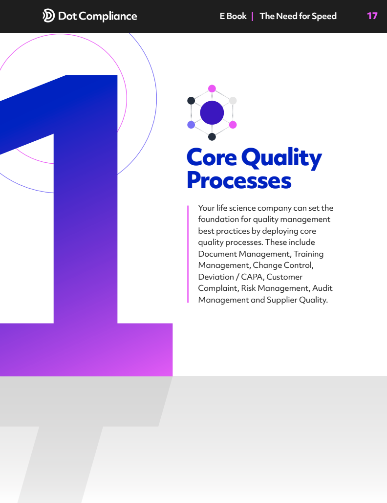 Page from a book titled "E Book | The Need for Speed" on Dot Compliance. The page number is 17. It features a large purple number 1, a diagram with colored dots, and a section titled "Core Quality Processes" explaining quality management practices.