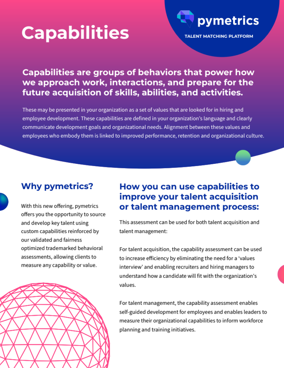 Information about capabilities and talent matching platform by pymetrics, highlighting groups of behaviors that influence work approach, interaction, and skill development, with sections on the platform's purpose and applications in talent acquisition and management.