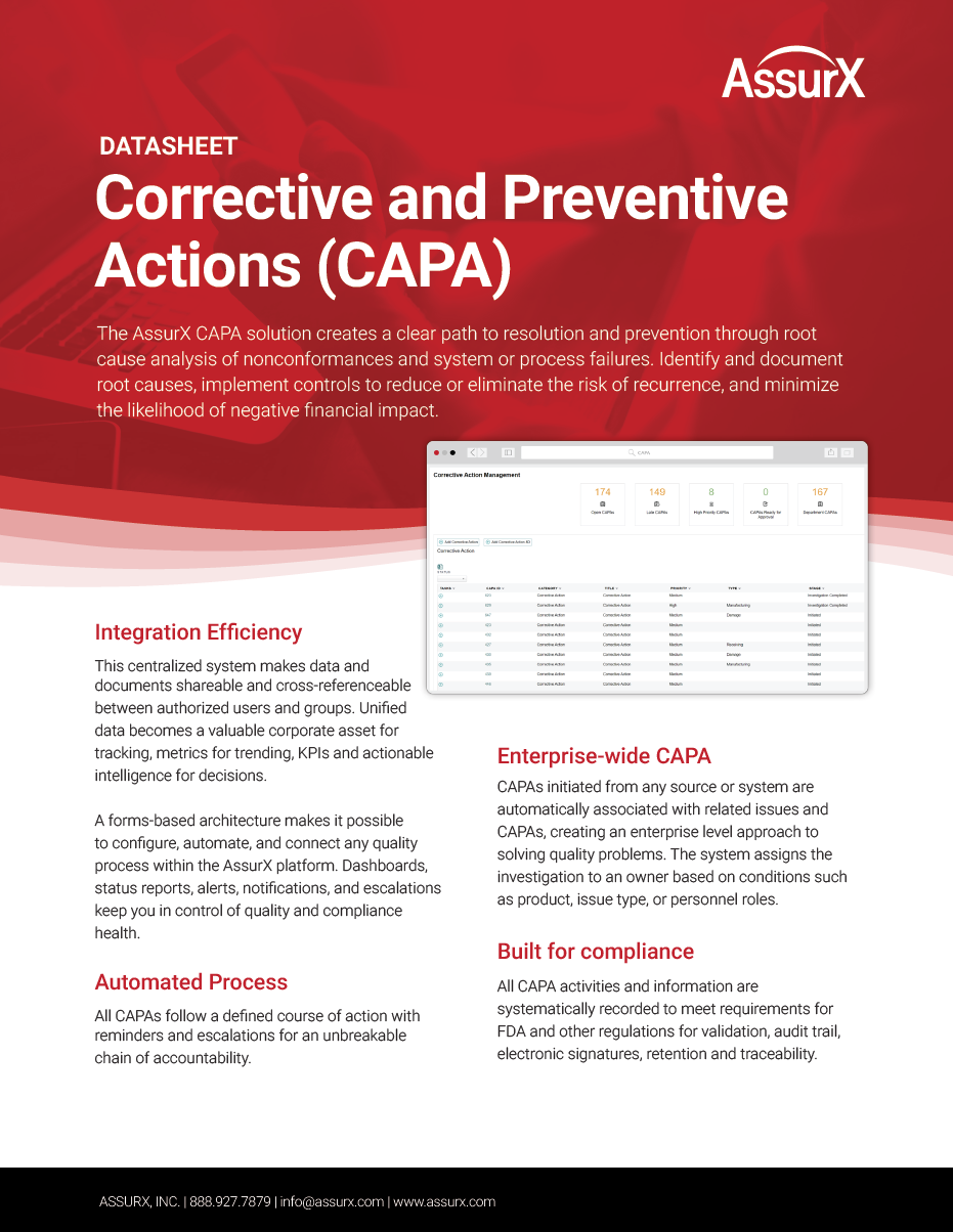 A data sheet titled 'Corrective and Preventive Actions (CAPA)' by AssurX. It features a red background with white and black text, and an image of a software dashboard interface showing CAPA management. The sheet describes CAPA solutions for issue resolution, prevention, integration, enterprise-wide management, compliance, and automation.