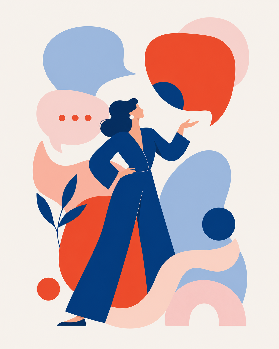 Stylized illustration of a woman standing confidently with one hand on her hip and the other hand raised. She is surrounded by abstract speech bubbles and shapes in shades of blue, red, and pink.