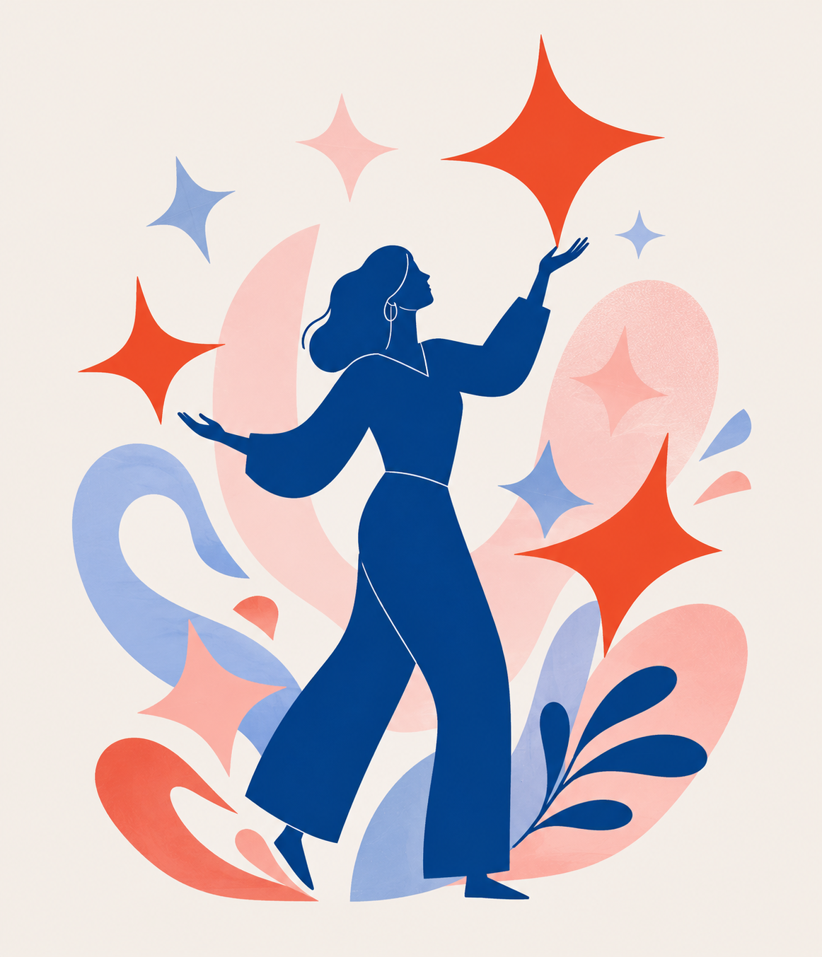 Stylized illustration of a woman with long hair, wearing wide-leg pants and hoop earrings, reaching upwards with both hands amid abstract shapes and stars in blue, pink, and orange.