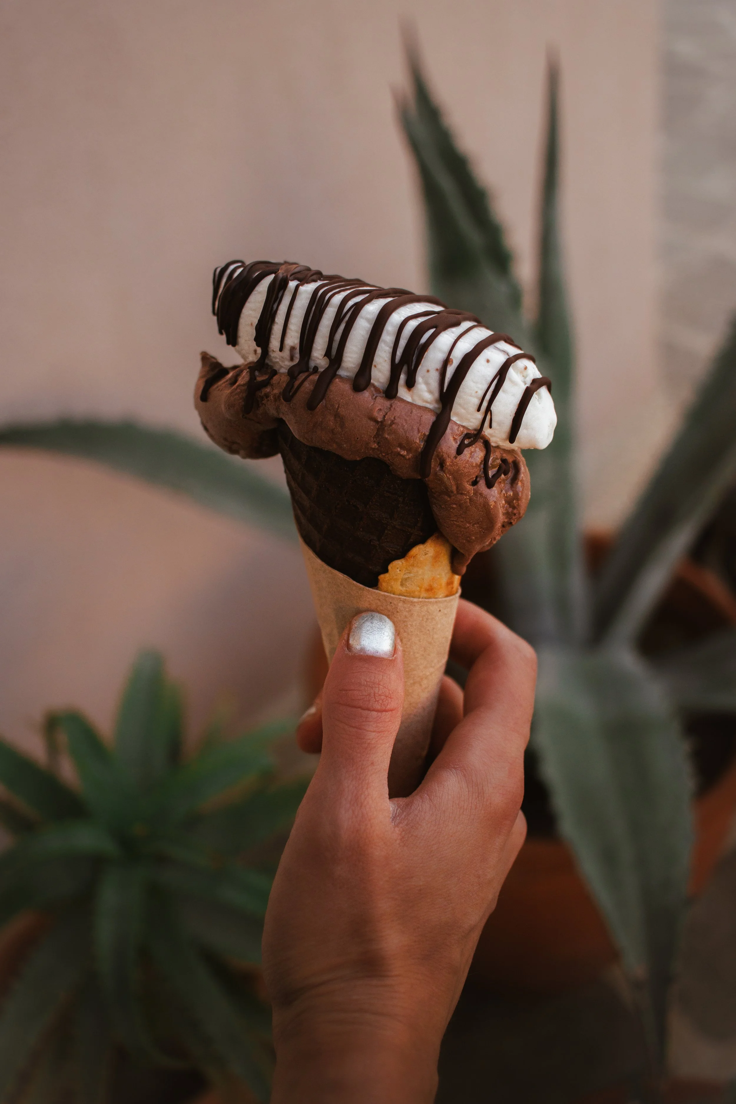 Hand holding a chocolate and vanilla ice cream cone with chocolate drizzle, with green plants in the background.