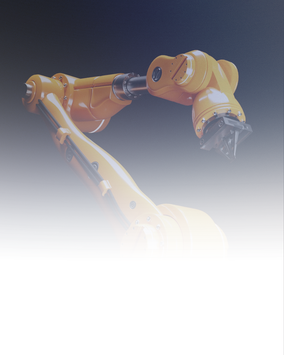 Close-up of a yellow industrial robotic arm with a black gripper against a dark background.