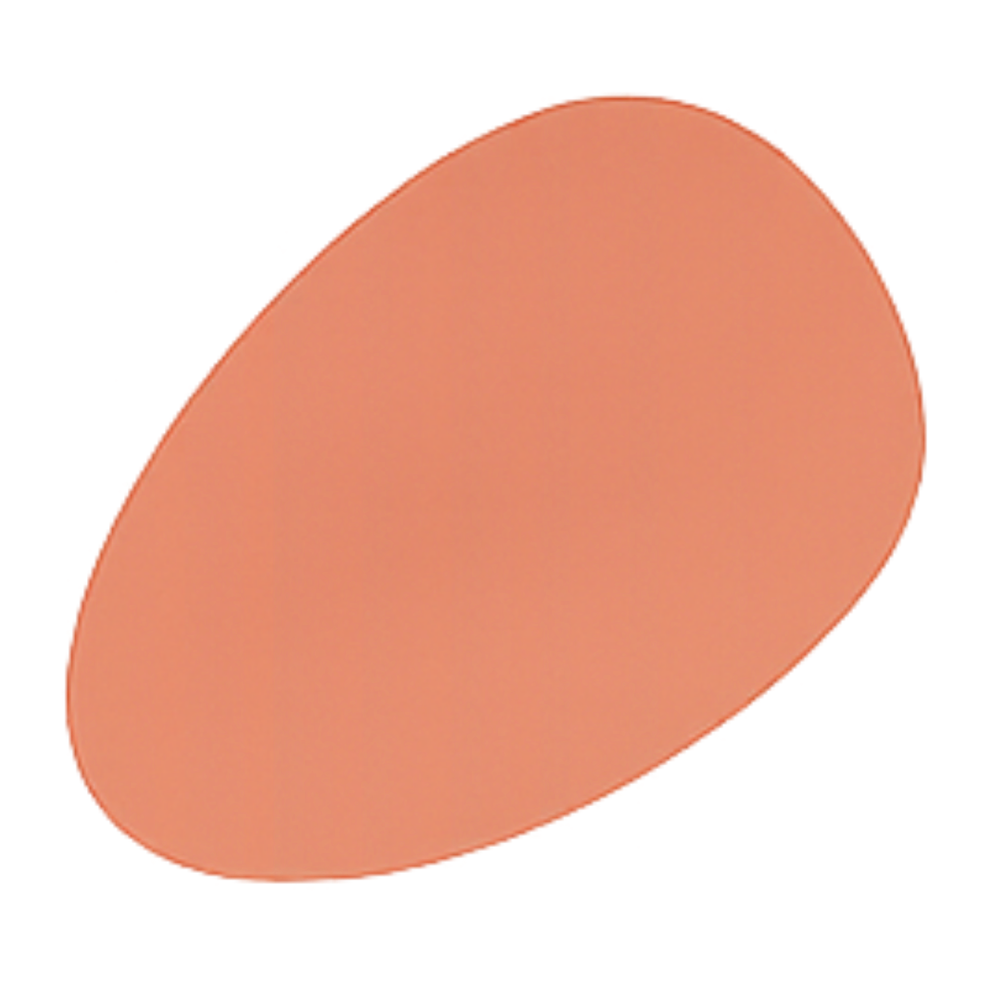 Close-up of a person's thumb pressing a pinkish-orange round button with a matte finish.