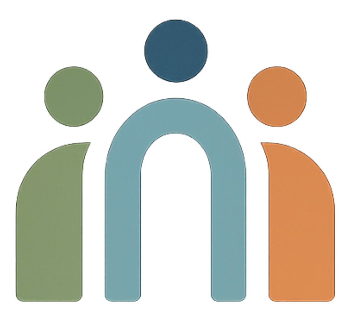 A stylized logo with three abstract human figures in green, blue, and orange, standing behind a large lowercase letter 'n'