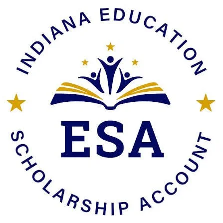 Indiana Education Scholarship Account logo featuring an open book with three stylized human figures and stars, with the text 'Indiana Education Scholarship Account ESA' around it.