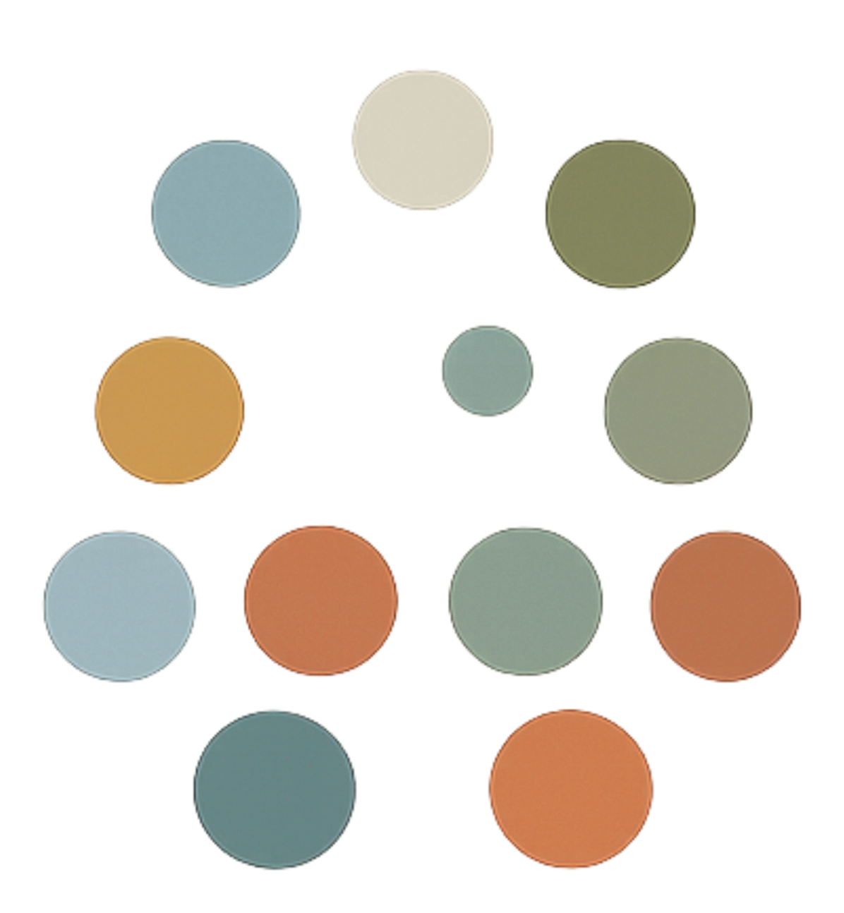A colorful abstract diagram with circles and horizontal bars in shades of blue, beige, green, orange, red, purple, and gray, connected by thin lines.