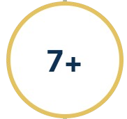 A white circle with a gold border displaying '7+' in dark blue text.