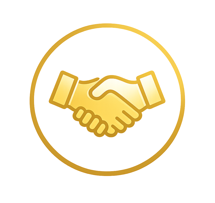 Golden handshake icon inside a gold circle, symbolizing agreement or partnership.