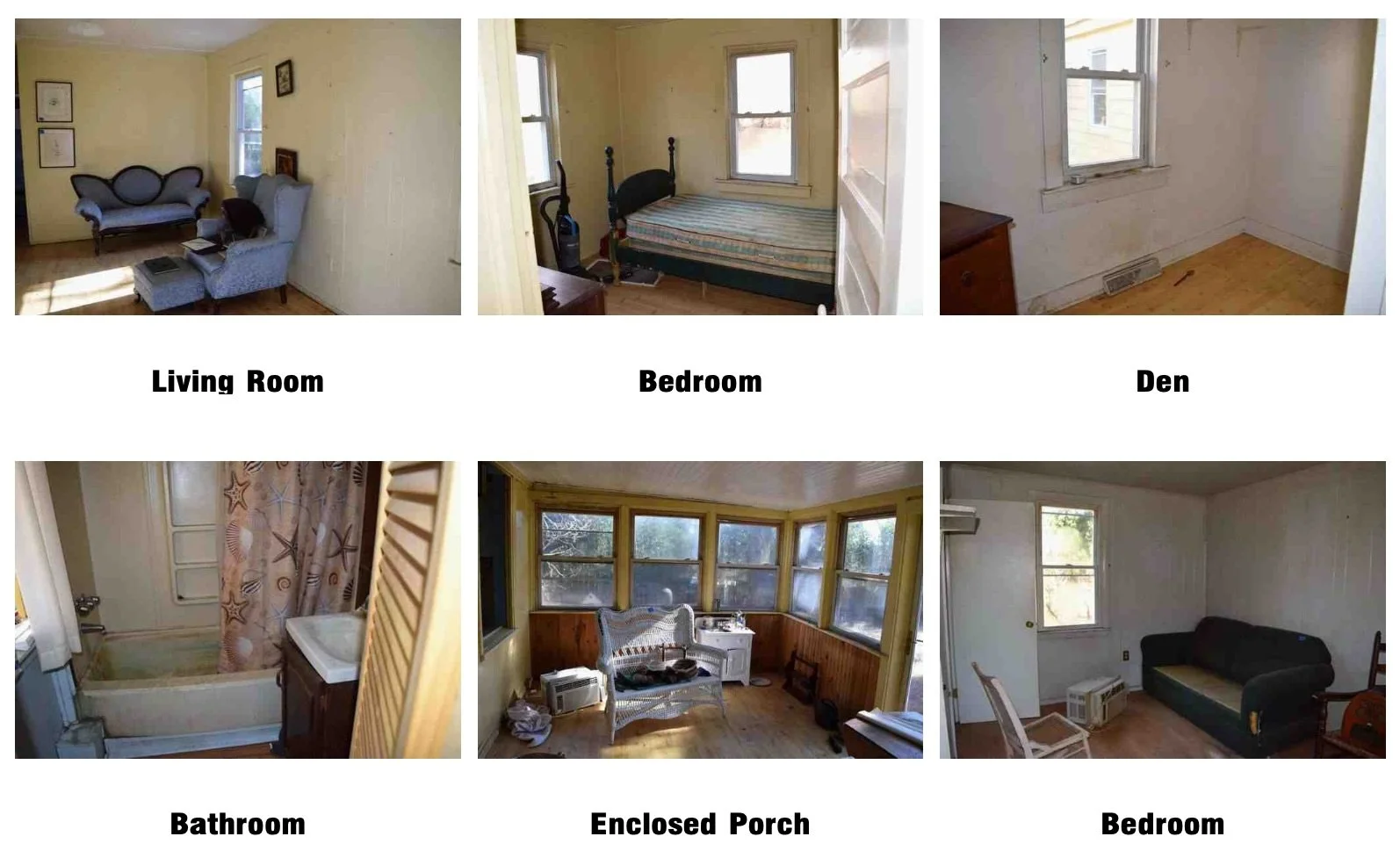 A collage of six images of different rooms in a house, each labeled: Living Room, Bedroom, Den, Bathroom, Enclosed Porch, Bedroom.