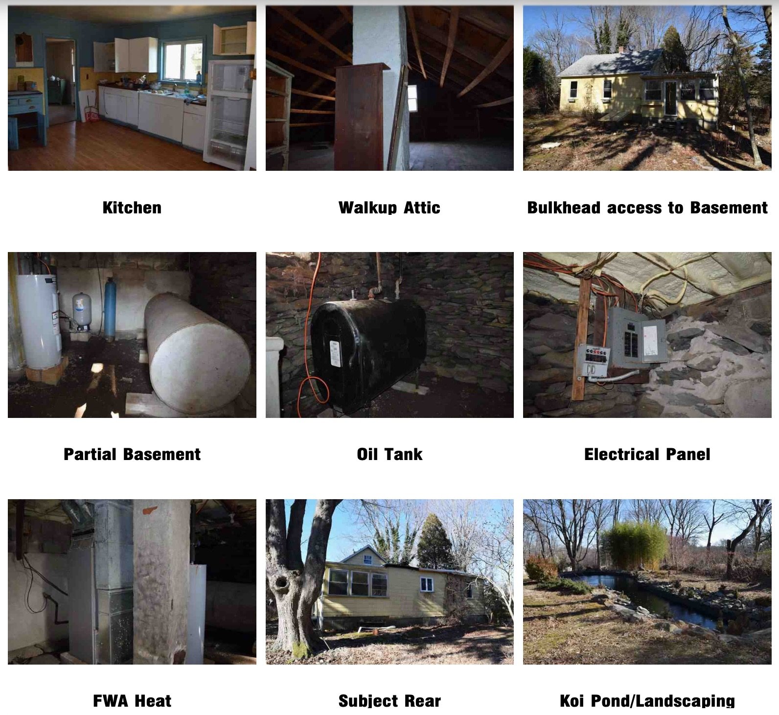 A collage of images showing different parts of a house and its surroundings. The first row features a kitchen, a walk-up attic, and bulkhead access to the basement. The second row includes a partial basement with an oil tank, an electrical panel, and