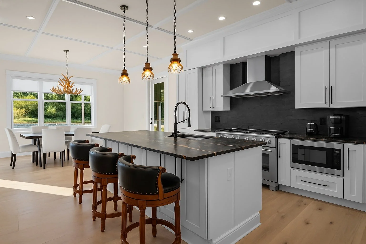 Modern kitchen with white cabinets, black countertops, a large island, pendant lights, and a breakfast area near a window showing greenery outside.