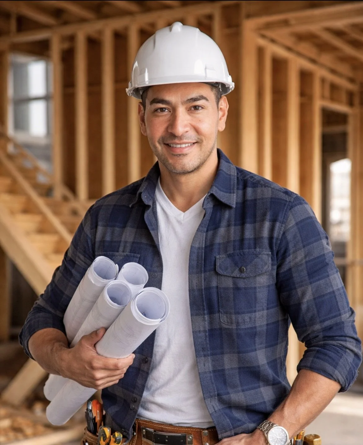 A construction worker wearing a white hard hat, plaid shirt, and white t-shirt, holding blueprints inside a wooden building under construction.