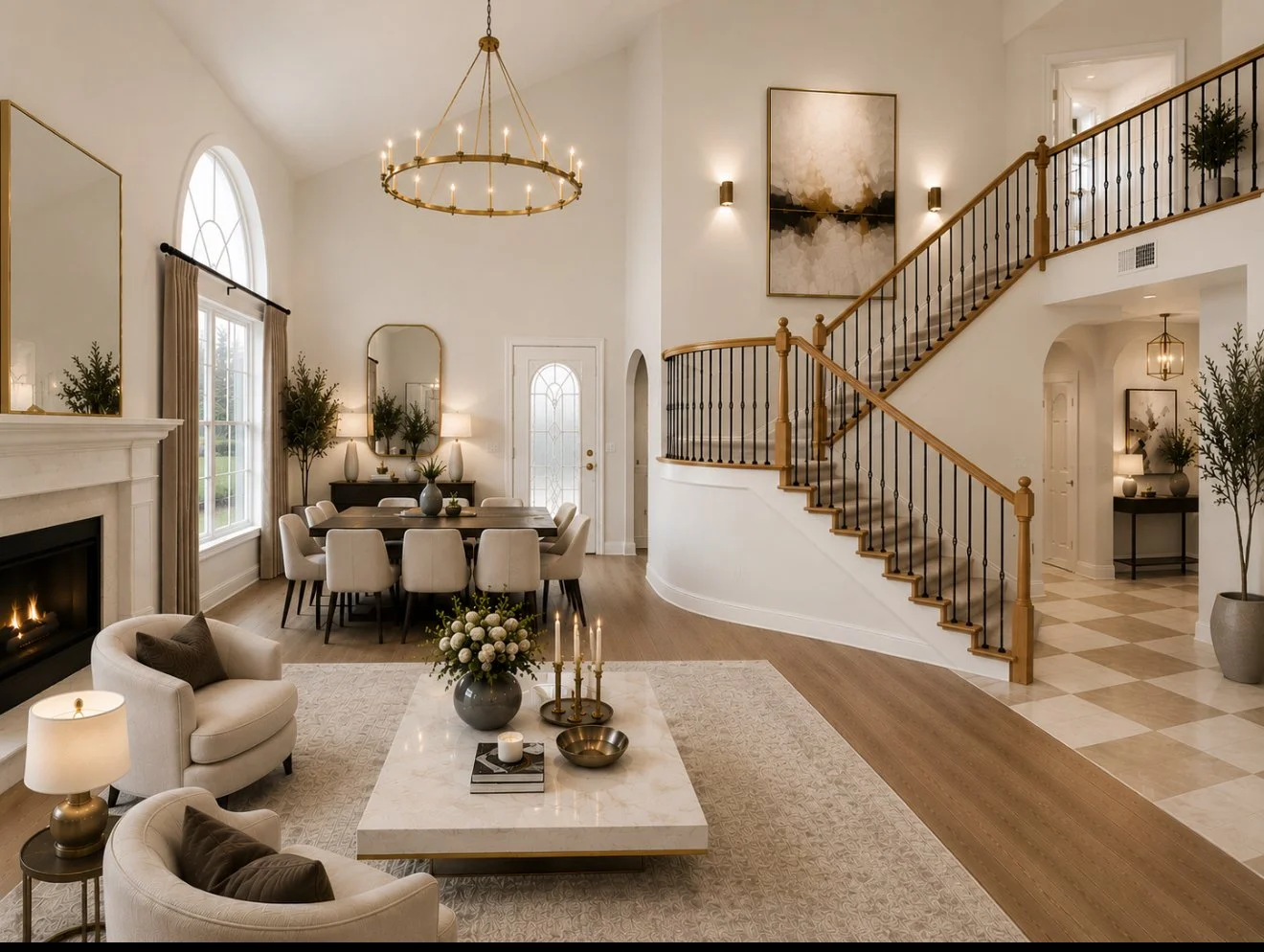 Spacious living room with white walls, large arched window, fireplace, chandelier, dining table, staircase, and modern decor.
