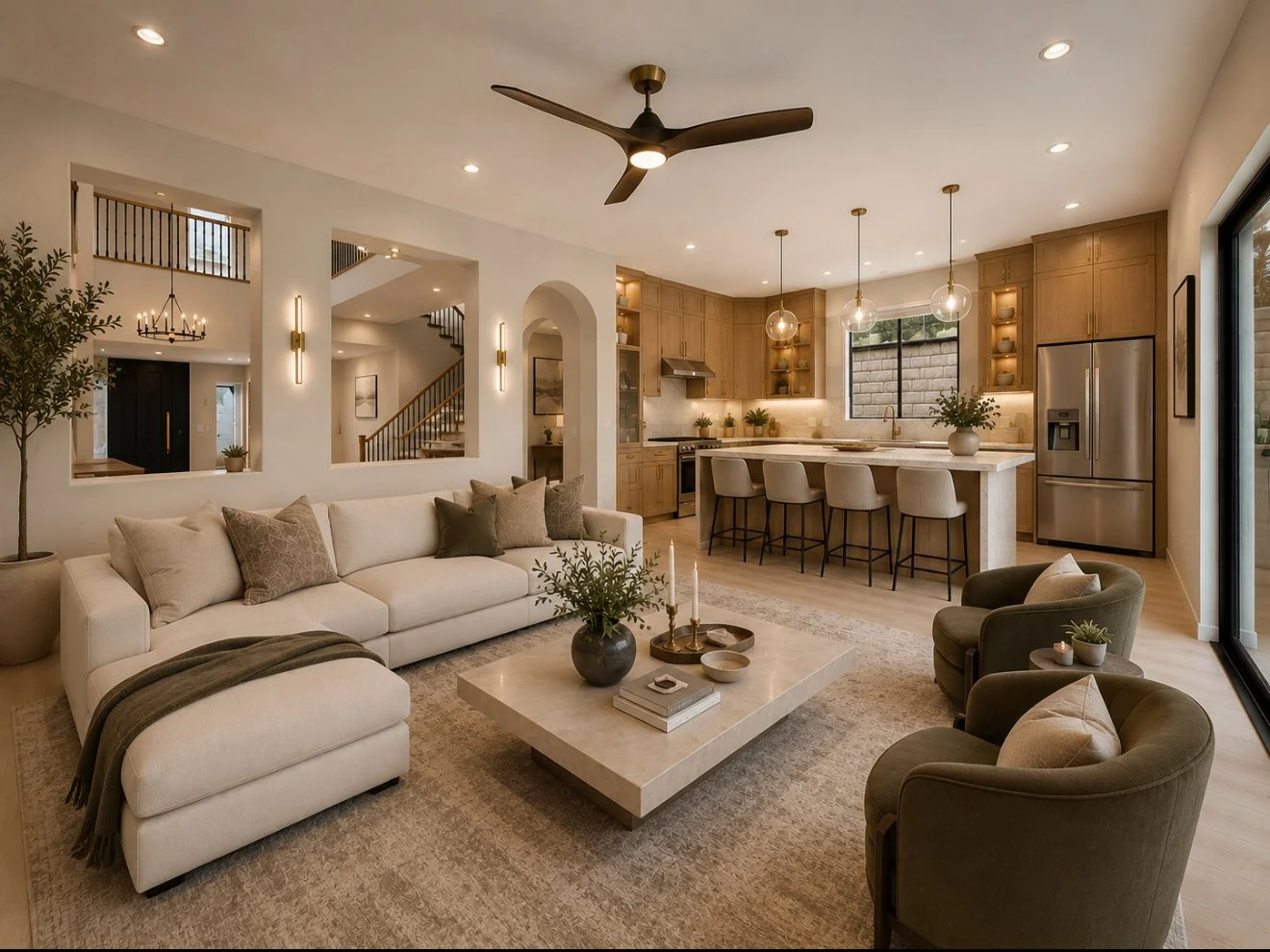 Open-concept living room and kitchen with neutral tones, modern furnishings, pendant lights, and large window.