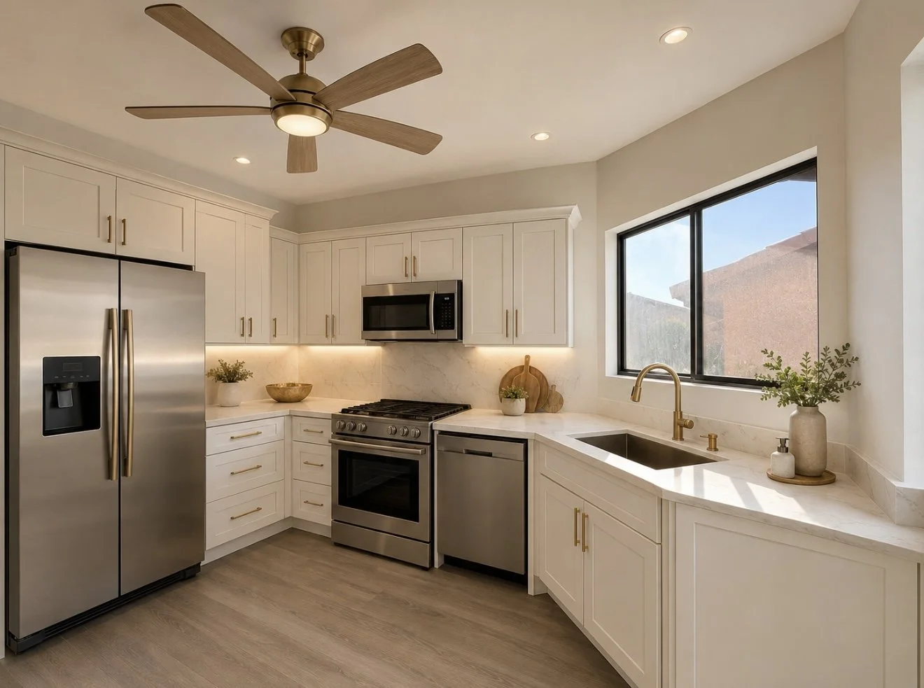 Modern kitchen with white cabinets, stainless steel appliances, a marble countertop, gold fixtures, and a large window with sunlight.