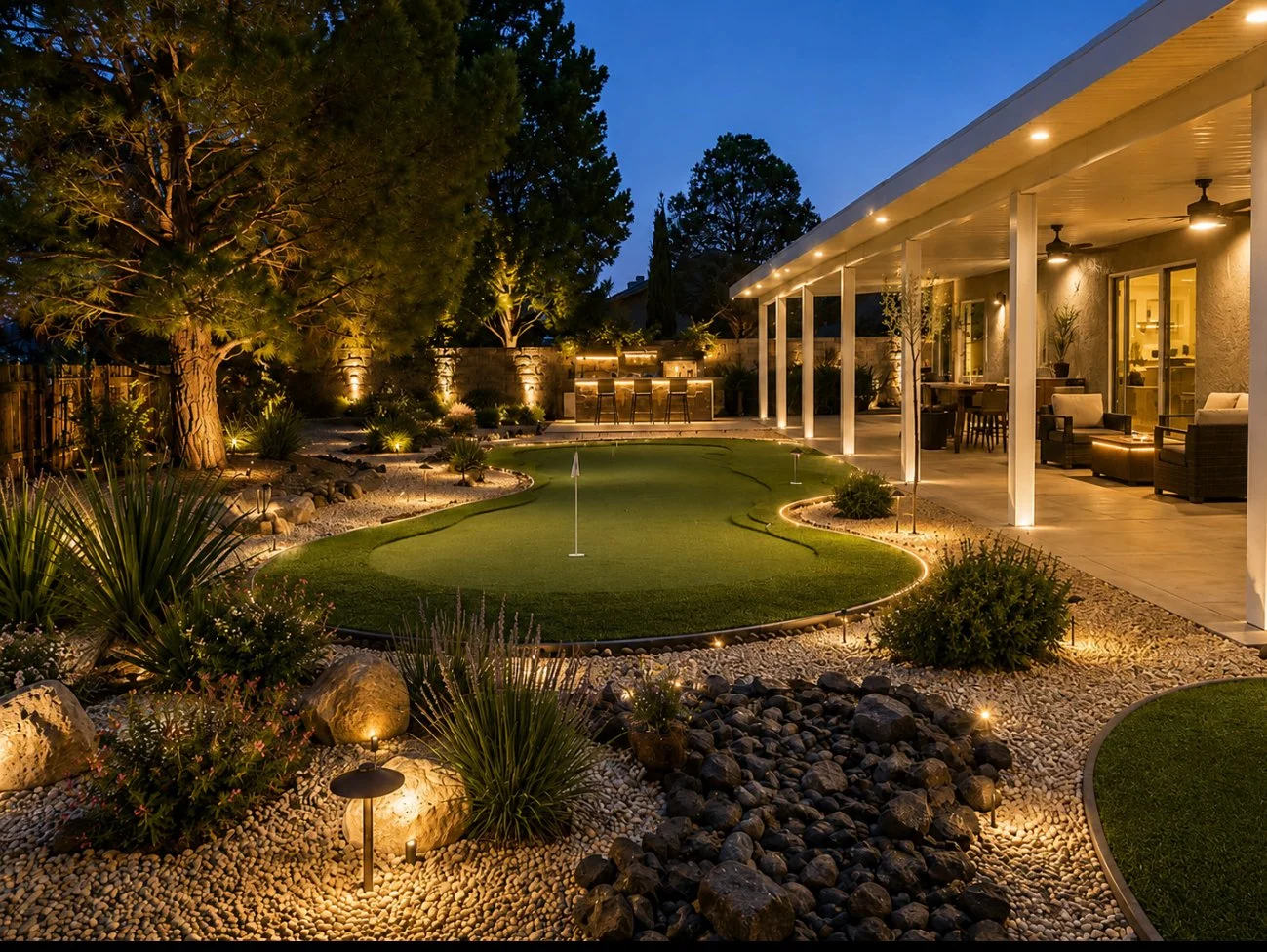 A backyard with a lit mini golf putting green, surrounded by landscaped rocks, plants, and trees, with a covered outdoor seating area and bar in the background at dusk.